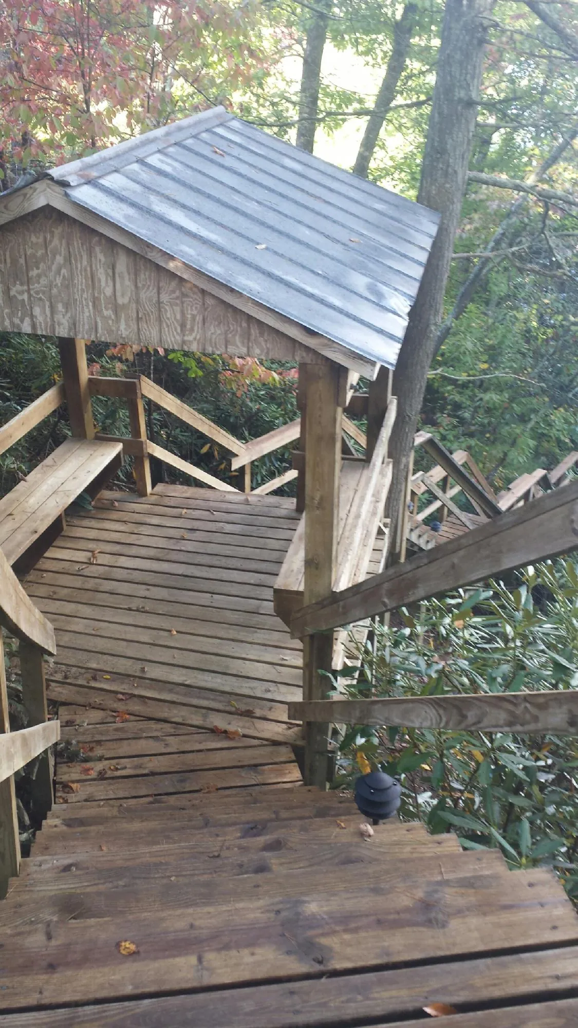 Metal roofed shelter over wooden steps on a wooded walkway — Skylight Repair & Installation work by our crew in Augusta